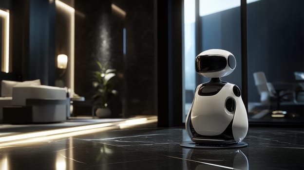 Futuristic home robot in modern living room, indoor setting. Innovation and technology concept.