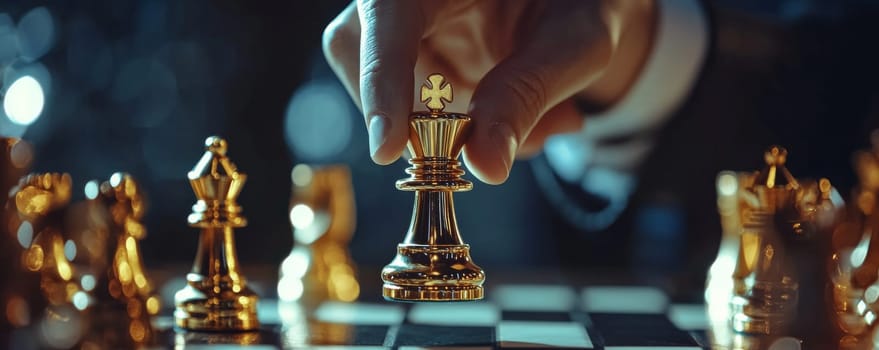 Close-up of hand moving a golden chess piece on board, strategic game concept.