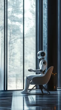 Robot sitting in a modern building with large windows, futuristic concept.