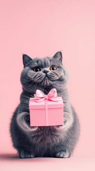 Gray cat holding pink gift box on pastel background, cute and playful concept.