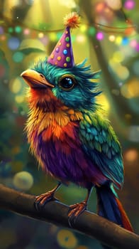 Colorful bird wearing a party hat on a branch, festive atmosphere. Celebration and joy concept.