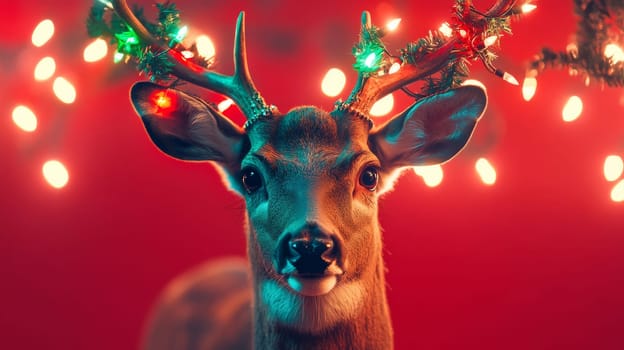 Reindeer with festive lights on antlers, holiday spirit. Christmas celebration concept.