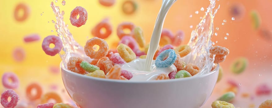 Colorful cereal rings splashing in milk against orange background, vibrant breakfast concept.