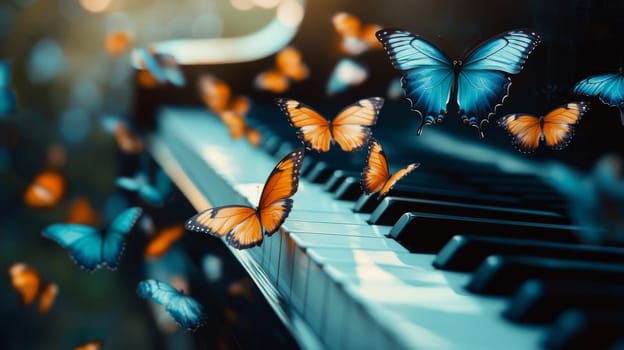 Butterflies on a piano with soft lighting, artistic composition. Harmony and creativity concept.