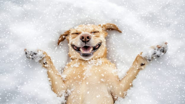 Happy dog playing in the snow.