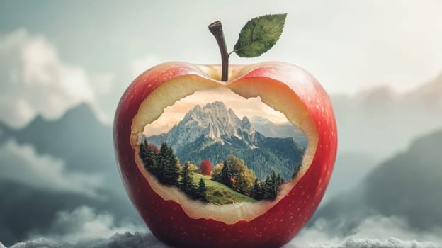 Apple with mountain landscape inside, surreal nature view. Creativity and imagination concept.