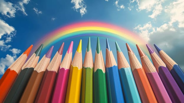 colorful pencils under a vibrant rainbow in the sky.