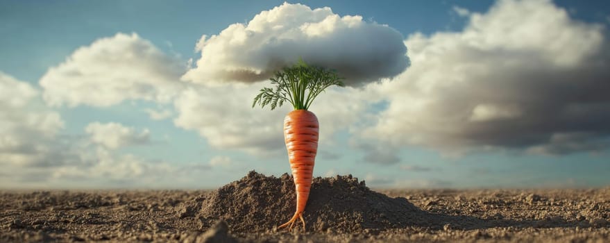 Carrot with a cloud shaped top growing in dirt.