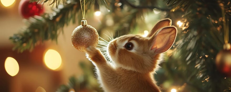 Adorable rabbit decorating christmas tree with golden ornament, cozy holiday atmosphere.