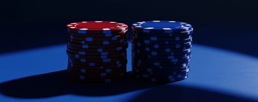 Stack of red and blue poker chips under spotlight, high contrast lighting. Gambling and casino concept.