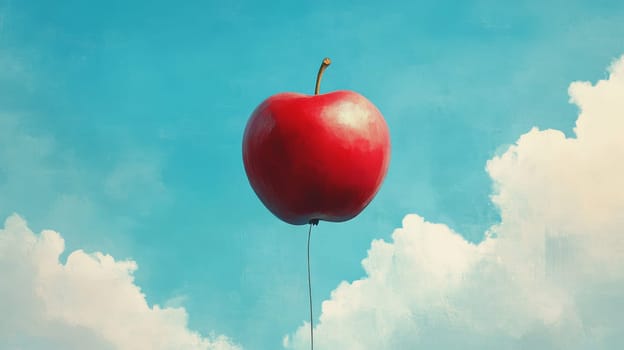 Red apple balloon floating in blue sky, surreal concept.