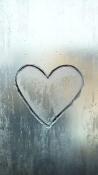 Heart shape drawn on a foggy window, serene atmosphere. Love and emotion concept.