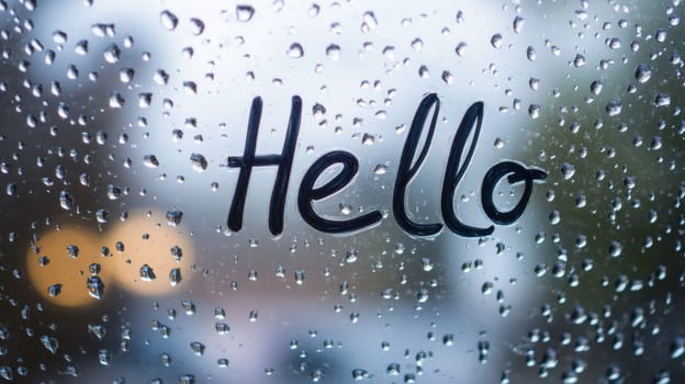 Raindrops on glass with hello written, greeting and weather concept.
