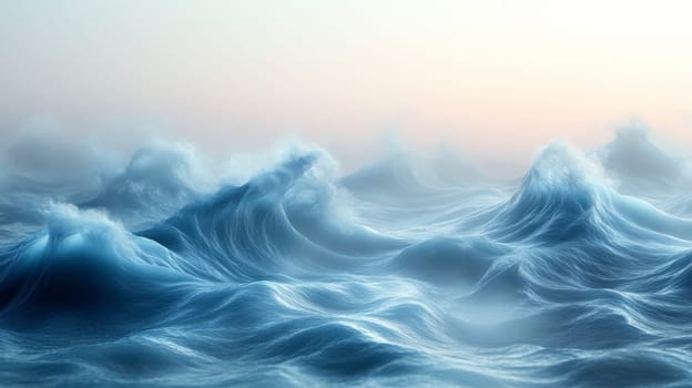 Ocean waves under pastel sunrise, tranquil sea. Nature serenity and beauty concept.