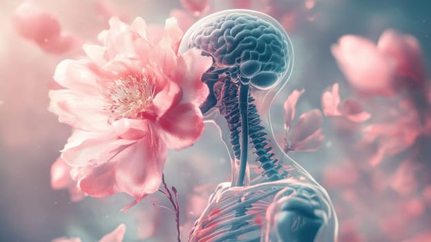 Human skeleton with brain surrounded by pink flowers, surreal illustration. Nature and anatomy concept.