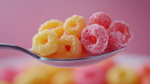Colorful sugary cereal on spoon with pink background.