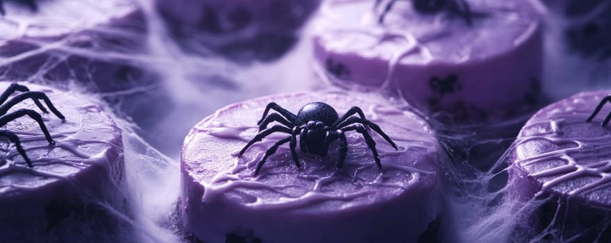 Purple halloween cakes with spiders, eerie dessert. Spooky treats and festive atmosphere concept.