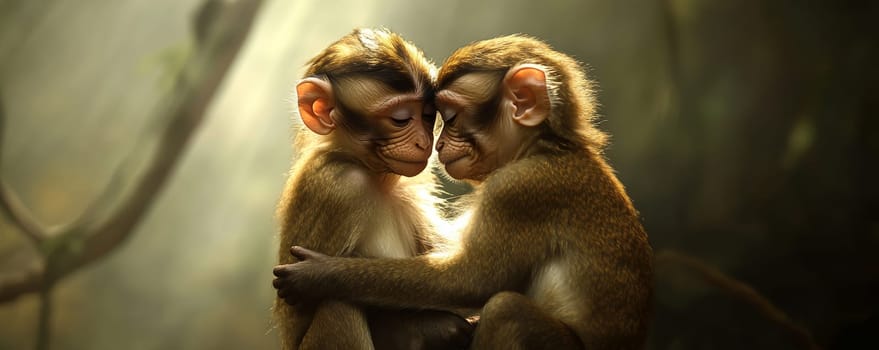 Two young monkeys embracing in a sunlit forest, heartwarming wildlife moment.