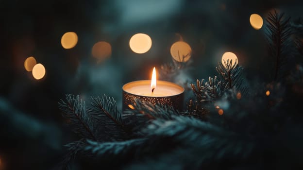 Candle glowing among pine branches, serene holiday atmosphere. Tranquility and warmth concept.
