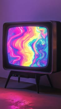 Vintage television with colorful abstract display in a dim room, retro aesthetic concept.