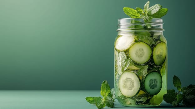 Cucumber slices and mint leaves in a glass jar on green background, refreshing and healthy concept.