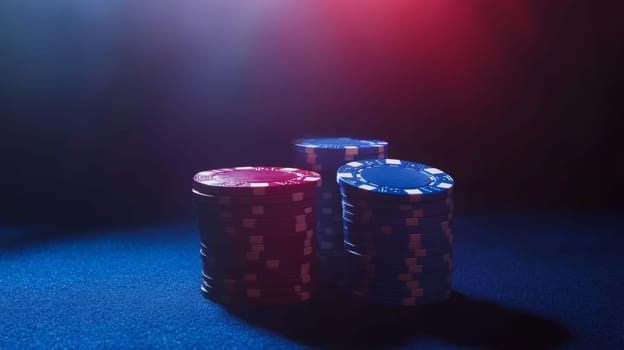 Stacks of poker chips on a blue felt table under dramatic lighting. Casino and gambling theme.
