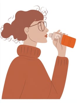 Young woman in glasses and a cozy brown turtleneck sweater enjoys a refreshing orange juice, radiating health and vitality against a white background
