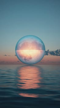 Surreal floating glass sphere over ocean during sunset.
