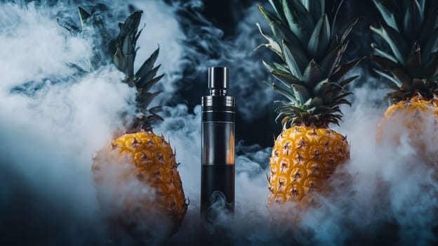 Electronic vaporizer surrounded by pineapples and smoke, tropical flavor concept.