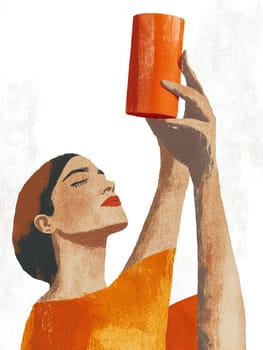 Woman with closed eyes and red lipstick is holding an orange cylinder above her head, her expression suggests she is deep in thought