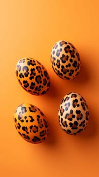 Leopard print eggs on orange background, creative design concept.