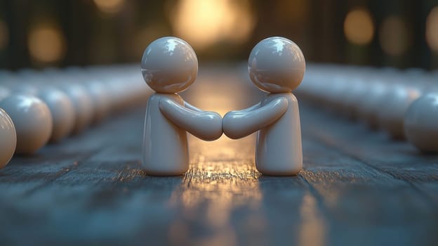 Two figures shaking hands in a line, sunset. Friendship and unity concept.