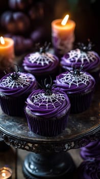 Halloween cupcakes with spider decorations and purple icing on a stand, spooky dessert concept.