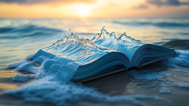 Open book with ocean waves on a beach at sunset, creative imagination concept.