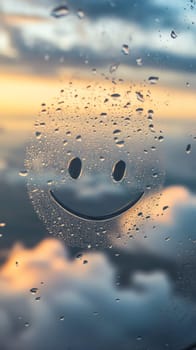 Smiley face drawn on wet airplane window at sunset with cloudy sky.