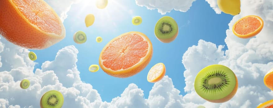 Floating citrus and kiwi slices in a cloudy sky, surreal concept.