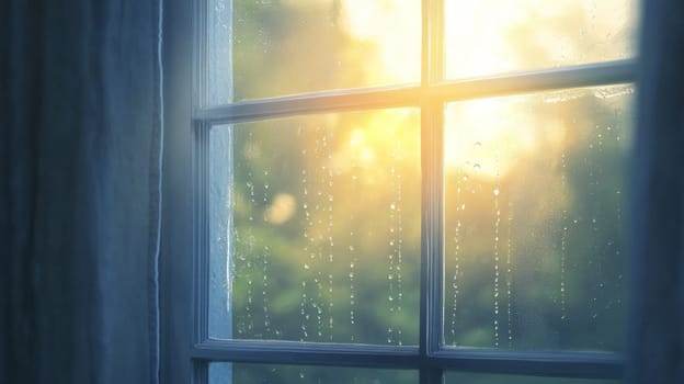 Sunlit window with raindrops at sunrise, cozy morning atmosphere.