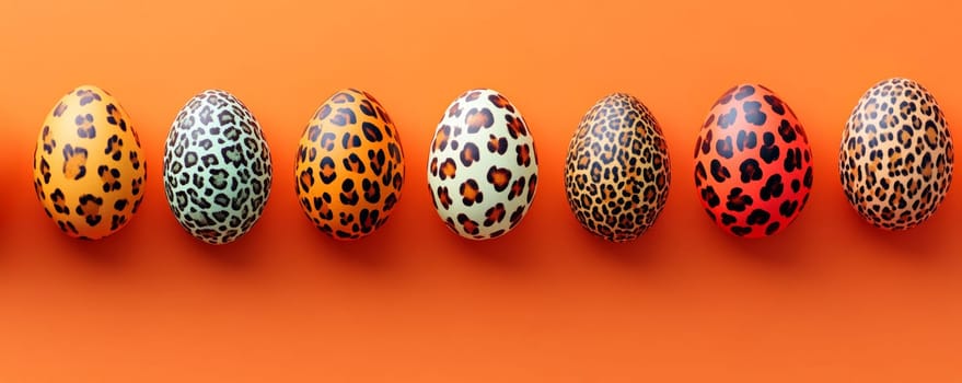 leopard print eggs arranged on vibrant orange background, creative easter decoration concept.
