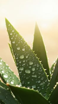 Aloe vera leaf with water droplets in sunlight, close-up. Natural beauty and skincare concept.