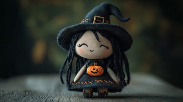 Cute plush witch doll in halloween attire, playful spooky decoration concept.