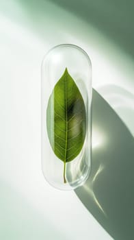 Green leaf encased in a transparent capsule, nature preservation concept.