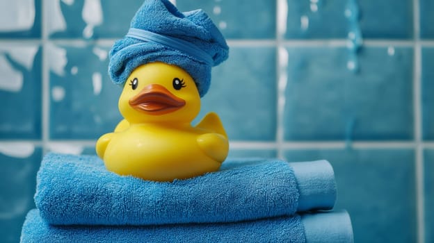 Rubber duck on blue towels in bathroom, playful bath concept.