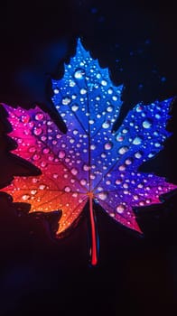 Maple leaf with water droplets in vibrant neon colors.