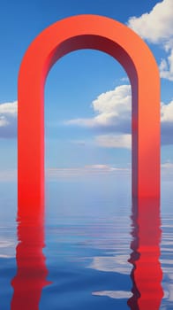 Red arch sculpture over water and blue sky.