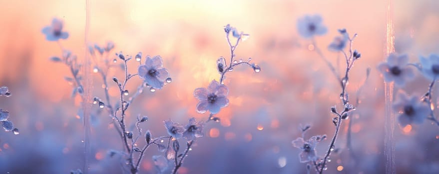 Frosted window with delicate flowers covered in frost at sunrise, serene nature scene. Tranquility and beauty of winter morning concept.