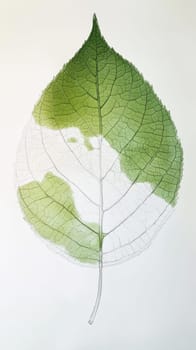 Transparent green leaf with visible veins on white background, nature and botanical concept.