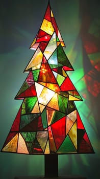 Stained glass Christmas tree with colorful lights, festive decoration concept.