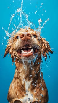 Dog splashing water on blue background.