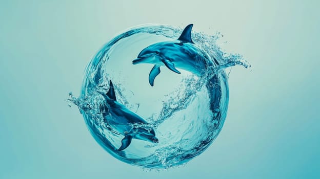 Pair of dolphins creating a splash in circular motion underwater, nature and wildlife concept.