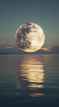 Full moon reflecting on calm sea at sunset, tranquil scene. Nature serenity and celestial beauty concept.